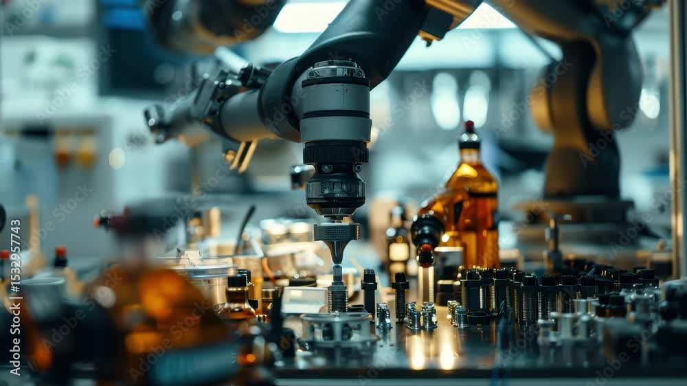 Aufkleber Advanced robotic arm assembling components in a high-tech laboratory environment showcasing precision automation at work in 4K resolution