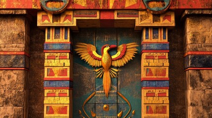 Ornate doorway featuring a golden bird emblem in a textured stone structure.
