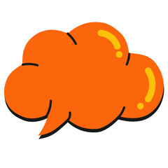 Rounded orange speech cloud in cartoon and pop art style. Features blank dialogue boxes, bursts, stars, and outlines. Ideal for comics, stickers, and graphic design projects.