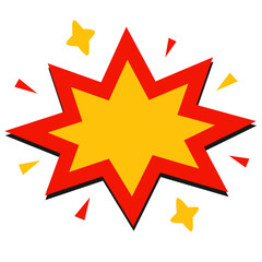 Dynamic starburst explosion in red and yellow, in classic pop art style. Features blank dialogue boxes, bursts, stars, and outlines. Ideal for comics, stickers, and graphic design projects.