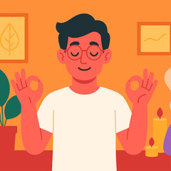 Flat vector illustration of young man practicing indoor meditation with candles, plants, and aroma diffuser for mental wellness and peace.