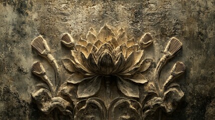 Stone carving of a floral design on a textured wall surface.