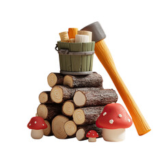 Naklejka premium 3D Render Woodpile with Axe, and Mushrooms.