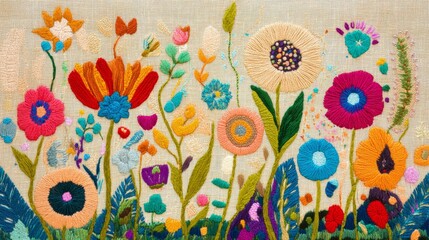 Colorful floral illustration with stylized flowers and leaves on a neutral background.