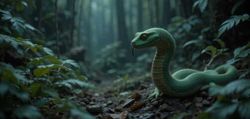 A vibrant green snake rests on the forest floor, surrounded by dense foliage. Mist lingers in the air, capturing the serene atmosphere of the early morning, enhancing the tranquility of the scene
