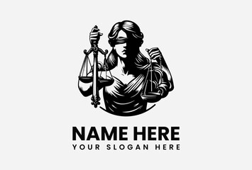 Dramatic black silhouette vector logo of blindfolded Lady Justice holding balanced scales symbolizing law and fairness  