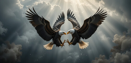 Two majestic eagles clash in mid-air, their talons poised for battle as dark storm clouds surround them, illuminated by rays of sunlight breaking through the sky