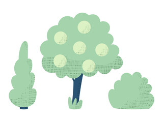 Minimalist plants set: stylized conifer tree, fruiting tree, bush. Eco design, botanical collection for patterns, packaging, web