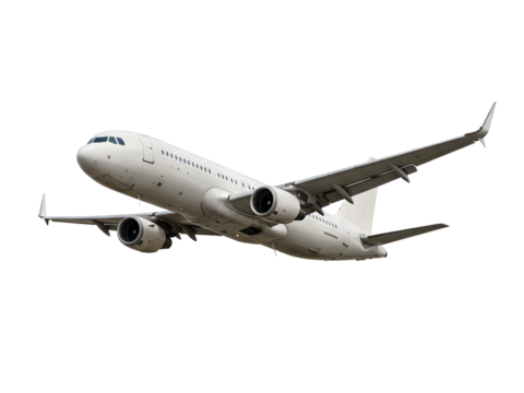 Modern commercial airplane isolated on transparent background — perfect PNG for aviation, travel, tourism, business flights, air transport, and flight-related visuals.