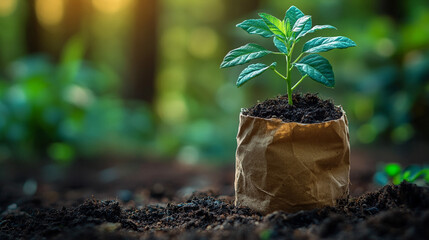 Young plant in paper bag on soil, forest background, for eco projects