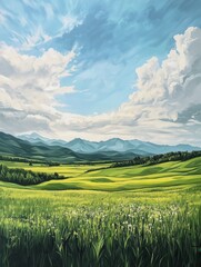 Fototapeta premium Framed Landscape Painting Showcasing Serene Natural Beauty with Lush Green Fields, Distant Mountains, and a Clear Sky with Fluffy Clouds in Artistic Style