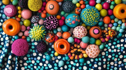 Colorful assortment of spherical objects and donut shapes on patterned fabric background.