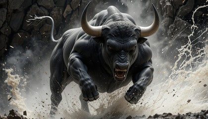 A powerful bull charges forward, splashing water as it moves. The animal's muscles are taut, and an intense storm brews in the background, creating a dramatic atmosphere