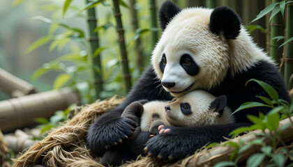 A mother panda lovingly embraces her playful cub in a serene bamboo grove. Soft sunlight filters through the leaves, creating a peaceful ambiance in the forest
