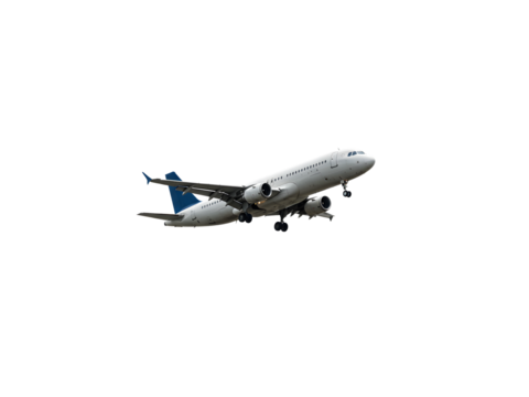 Modern commercial airplane isolated on transparent background — perfect PNG for aviation, travel, tourism, business flights, air transport, and flight-related visuals.