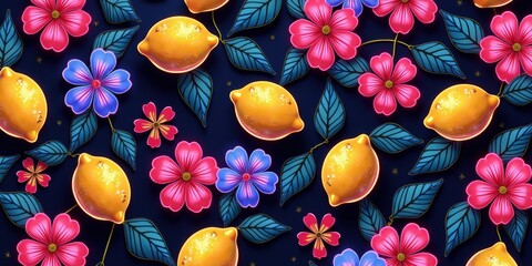 Vibrant pattern featuring lemons and colorful flowers on a dark background, perfect for textiles, wallpapers, and creative designs.
