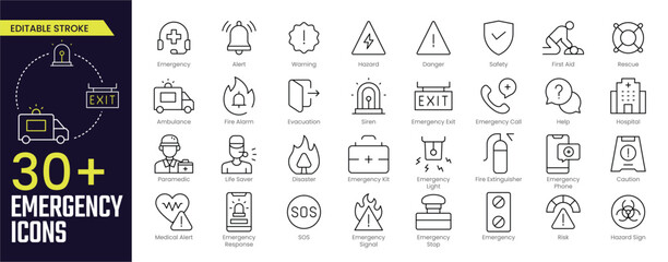 Emergency Stroke icon collections. Containing alert, warning, emergency exit, team, hospital, life saver, signal, medical alert, and disaster icons. Editable Stroke icon collection Outline icon
