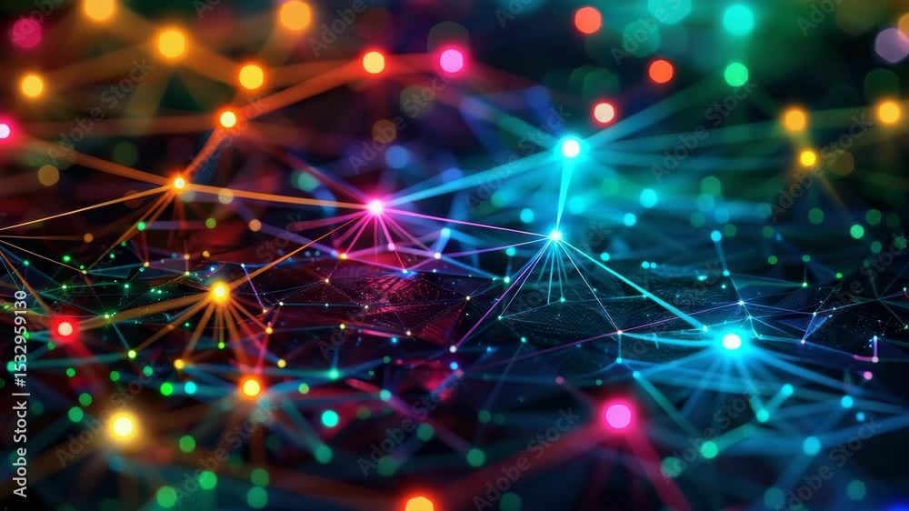 Poster colorful network connections create a vibrant digital landscape with glowing nodes and lines represe