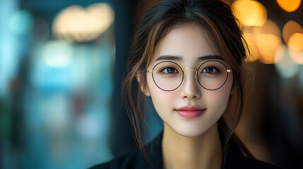 Young woman in glasses smiles in blurred city cafe background