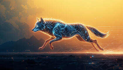 A wolf with a glowing digital design runs swiftly across a surreal landscape. The vibrant sunset casts an orange glow, enhancing the fantastical atmosphere of the scene