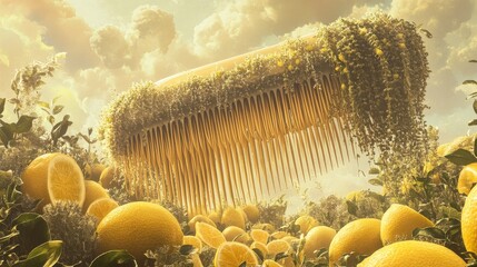 Dreamlike landscape with giant comb structure and yellow spherical objects.