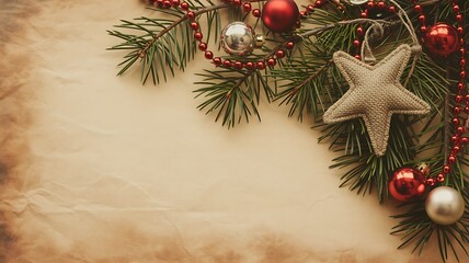 Christmas background with pine branches ornaments and star on vintage paper surface texture design