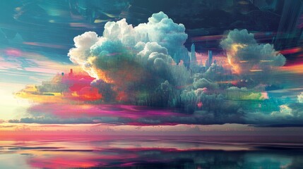 Colorful clouds above water reflecting the sky at sunset or sunrise.
