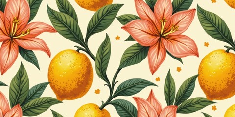 Vibrant floral and citrus pattern featuring pink lilies and orange fruits, perfect for textiles, wallpapers, or festive designs.