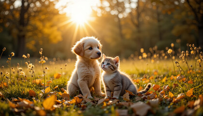 A golden retriever puppy and a tabby kitten are playing together in a park during a sunny autumn afternoon. The landscape is adorned with colorful fallen leaves and warm sunlight