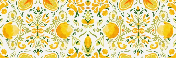 A vibrant lemon floral pattern featuring lively yellow lemons and intricate green foliage, perfect for summer-themed designs and refreshing visuals.