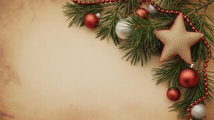 Christmas decoration with pine branches, star, beads and ornaments on a beige background surface