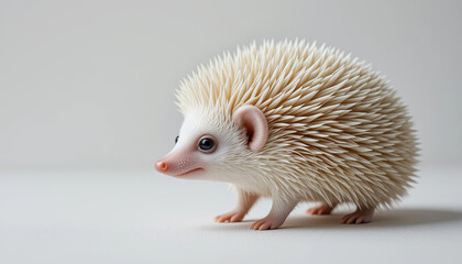 A small hedgehog stands in a simple environment, highlighting its soft spines and curious eyes. The gentle light accentuates its playful demeanor, inviting attention and curiosity
