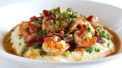 Comforting Hyperrealistic Photograph of Shrimp and Grits with Bacon and Fresh Chives in a White Bowl