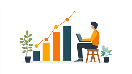 Man analyzing growth chart on laptop in office with plants