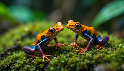 Two striking orange and blue frogs interact on a bed of lush green moss in a rainforest, showcasing the vibrant biodiversity typical of tropical ecosystems