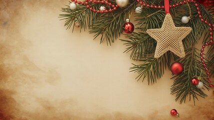 Christmas decoration with pine branches, ornaments, and star on a vintage paper background