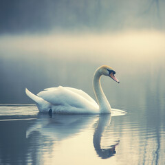 Fototapeta premium Swan Serenity on a Misty Lake: A solitary swan glides gracefully across the tranquil surface of a misty lake, its reflection mirrored in the still water. A serene nature scene.