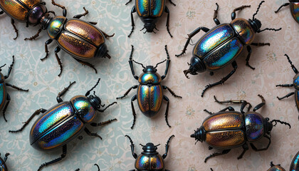 A variety of vibrant metallic beetles are displayed on two patterned surfaces. Their shiny iridescent bodies reflect natural light, showcasing their unique colors and intricate details