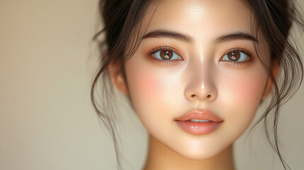 Young woman with glowing skin and natural makeup indoors