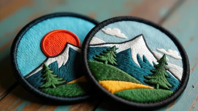 Pair of embroidered patches with a mountain landscape design.