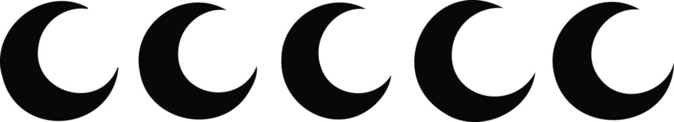 Crescent moon icon set in black silhouette showing moon phases in minimal and stylized celestial design