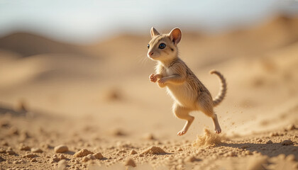 A small, adorable creature scurries across the warm sand during the day. The sunlight highlights its playful nature as it leaps with excitement