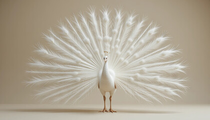 A white peacock shows off its stunning fan of feathers, elegantly spread in a neutral space. The bird exudes grace and beauty, captivating the viewer's attention