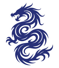 Blue tribal dragon silhouette in abstract swirling style with strong curves and fierce mythical expression