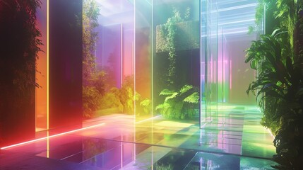 Colorful light beams shine through greenery creating a vibrant and surreal atmosphere.