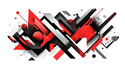 Abstract geometric shapes in red black and gray on a white background.
