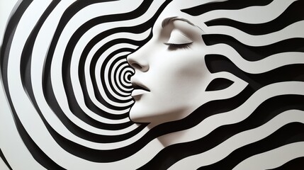 Female face sculpture with closed eyes surrounded by black and white hypnotic pattern.