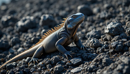 A colorful lizard explores rocky volcanic terrain under the sun. Its vibrant scales contrast with the rough texture of the dark rocks. The setting is a natural, untouched environment