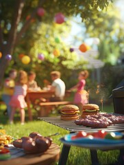 Family enjoyment and grilling delight in a sunny backyard gathering with children and delicious burgers on the grill