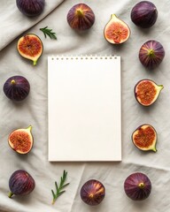 Elegant flat lay of fresh figs on a blank page surrounded by whole fruits in a soft linen setting.